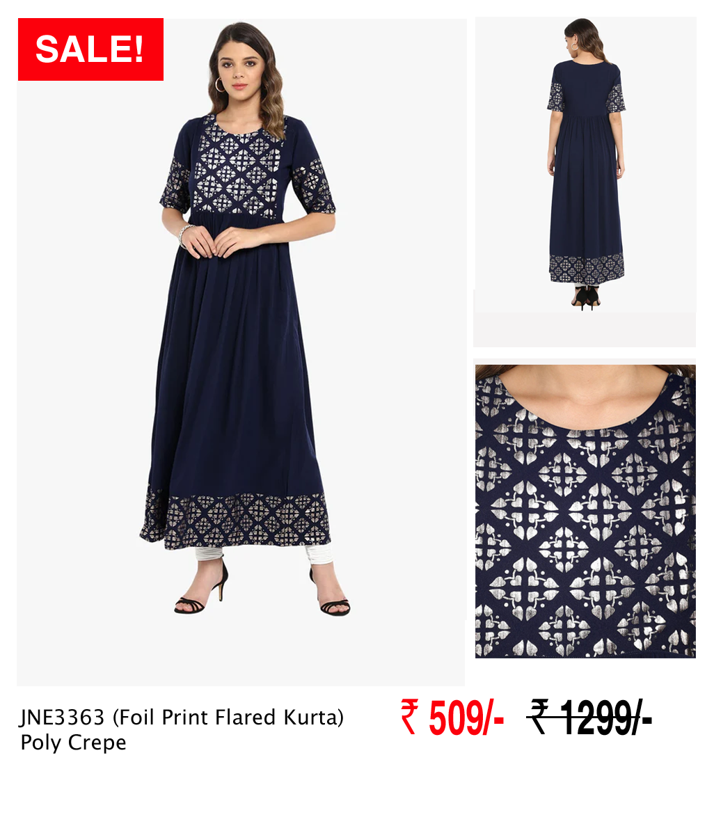 Dark Blue Poly Crepe Foil Print Flared Kurta