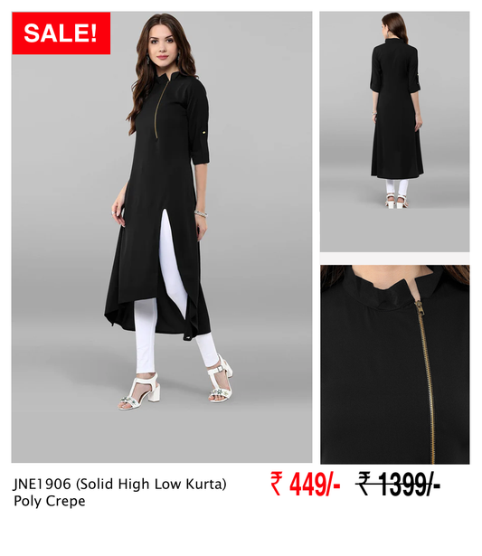 Black Poly Crepe Solid High Low Kurta