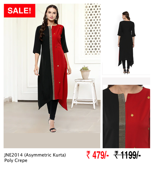 Black And Red Poly Crepe Asymmetric Kurta