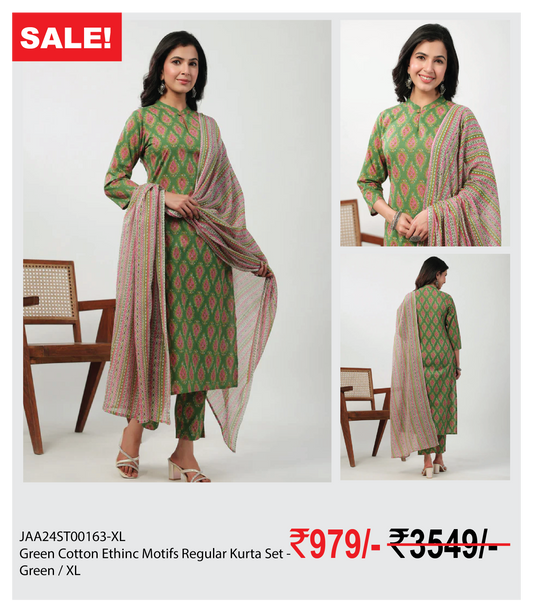 Green Cotton Ethinc Motifs Regular Kurta Set - Green / XL