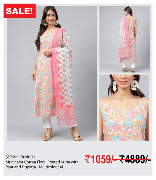 Multicolor Cotton Floral Printed Kurta with Pant and Dupatta - Multicolor / XL