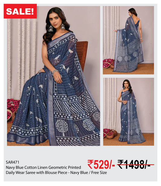 Navy Blue Cotton Linen Geometric Printed Daily Wear Saree with Blouse Piece - Navy Blue / Free Size