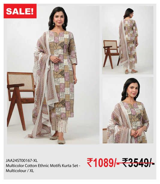 Multicolor Cotton Ethnic Motifs Kurta Set - Multicolour / XL