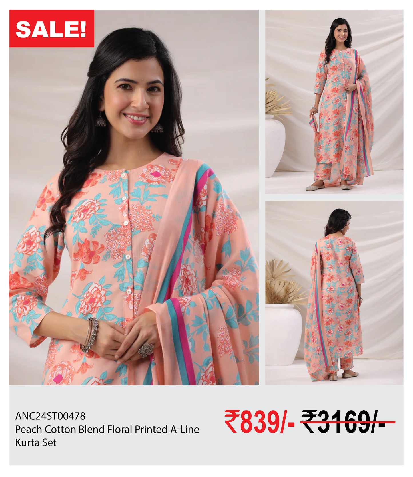 Peach Cotton Blend Floral Printed A-Line  Kurta Set