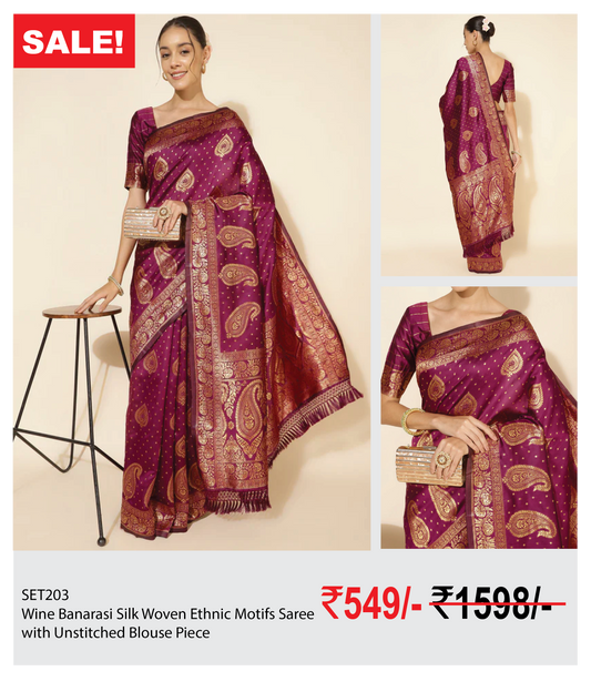 Wine Banarasi Silk Woven Ethnic Motifs Saree with Unstitched Blouse Piece