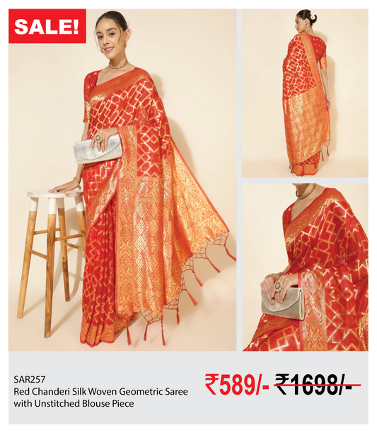 Red Chanderi Silk Woven Geometric Saree with Unstitched Blouse Piece