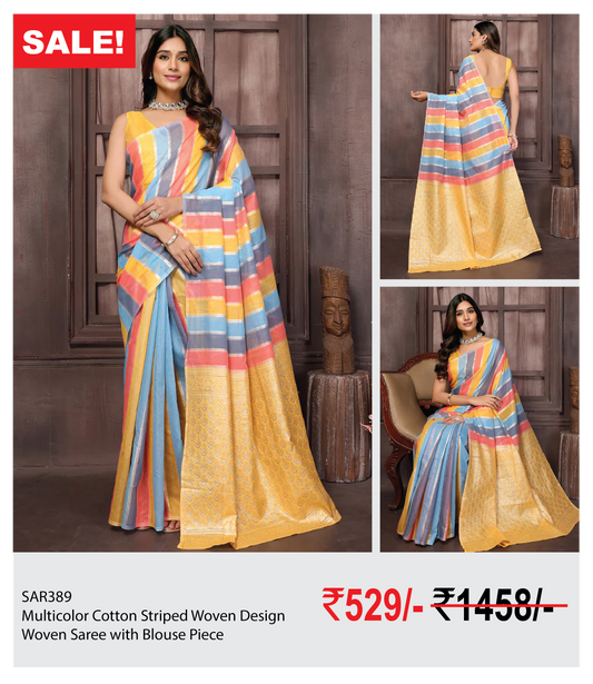 Multicolor Cotton Striped Woven Design Woven Saree with Blouse Piece