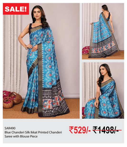 Blue Chanderi Silk Ikkat Printed Chanderi Saree with Blouse Piece