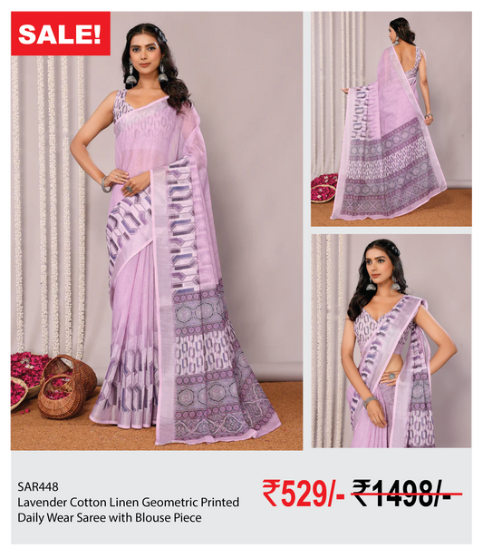 Lavender Cotton Linen Geometric Printed Daily Wear Saree with Blouse Piece