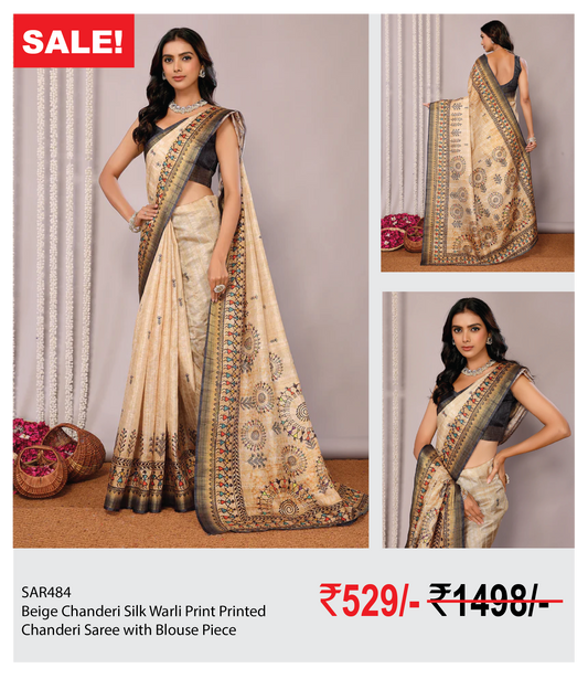 Beige Chanderi Silk Warli Print Printed Chanderi Saree with Blouse Piece