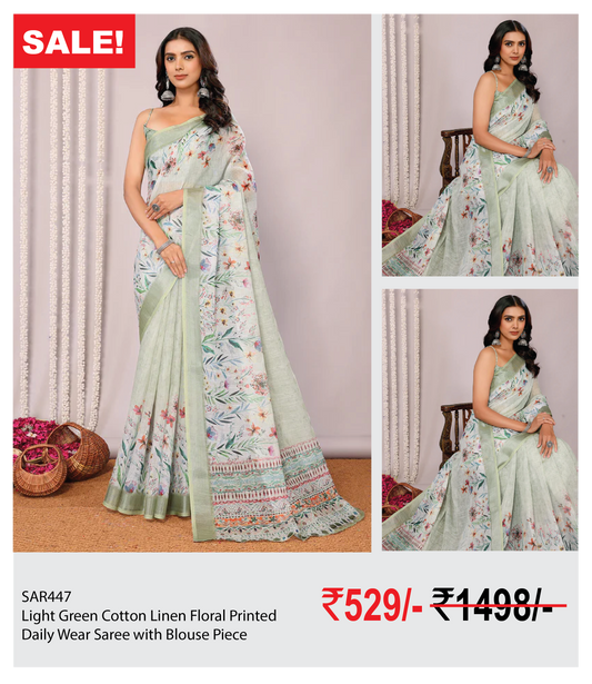 Light Green Cotton Linen Floral Printed Daily Wear Saree with Blouse Piece