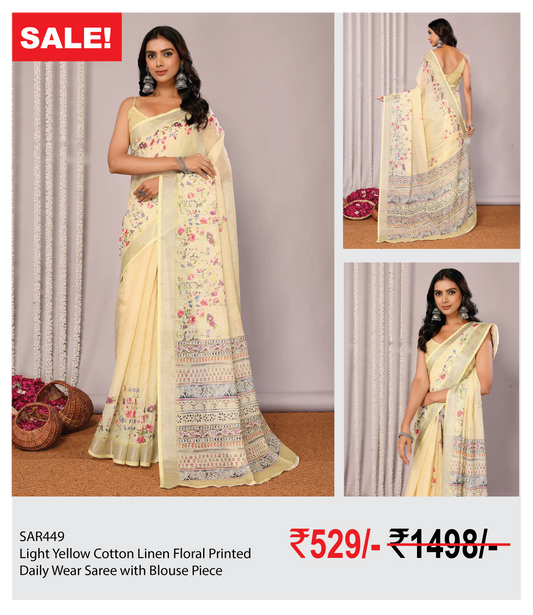 Light Yellow Cotton Linen Floral Printed Daily Wear Saree with Blouse Piece