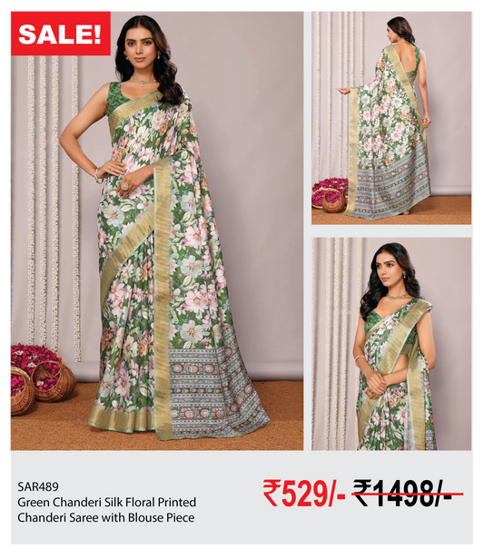 Green Chanderi Silk Floral Printed Chanderi Saree with Blouse Piece