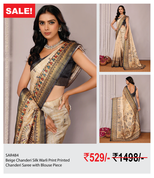 Beige Chanderi Silk Warli Print Printed Chanderi Saree with Blouse Piece